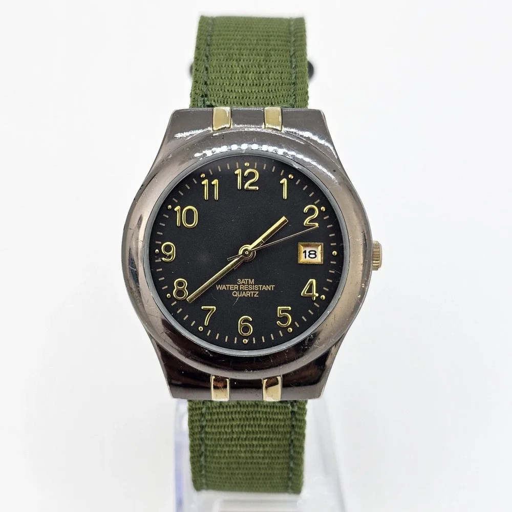 Men's Watch 37MM Black Dial Date New Army Green‎ Nylon Bands New Battery